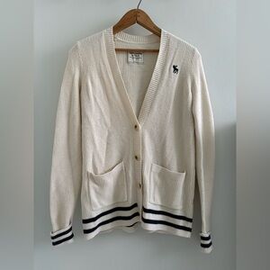 Abercrombie & Fitch Women’s Cream V‑Neck Cardigan with Navy Trim US S VGUC